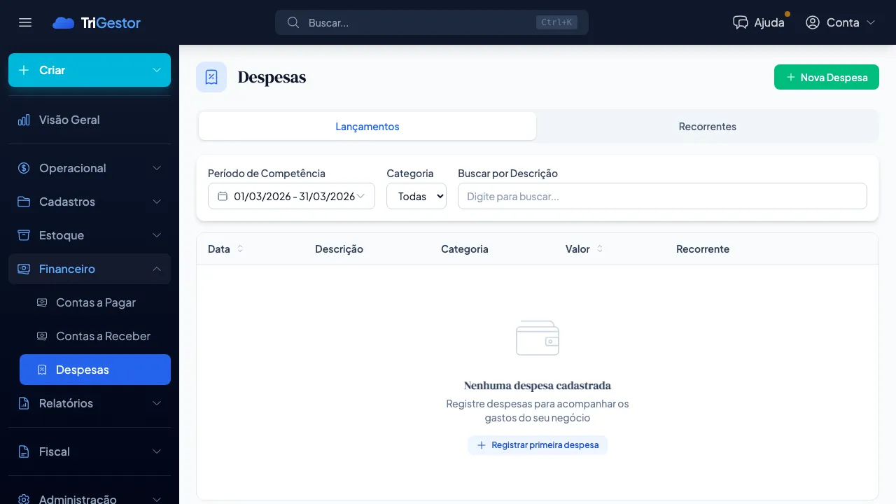 Visão geral da página de Despesas no TriGestor, mostrando a tabela de lançamentos com colunas de Data, Descrição, Categoria, Valor e Recorrente