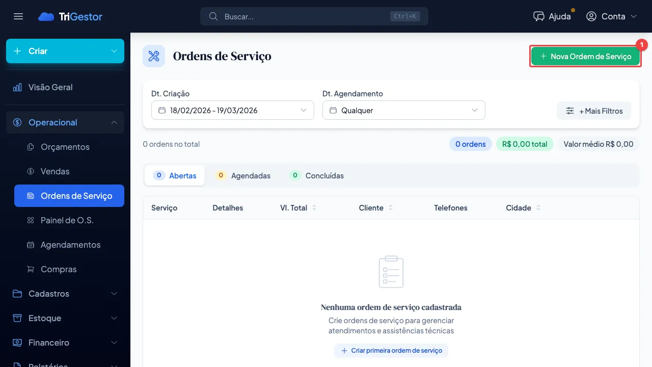 Lista de ordens de serviço com o botão Nova Ordem de Serviço em destaque