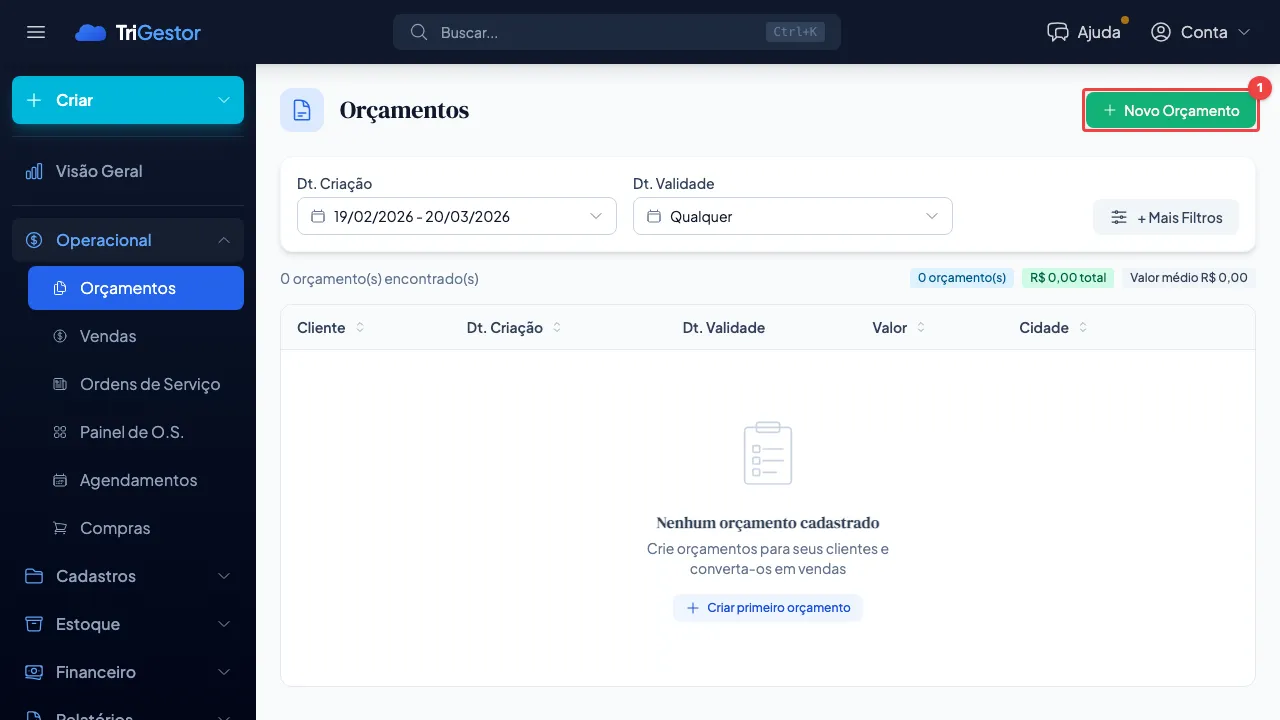 Lista de orçamentos com o botão Novo Orçamento em destaque, acessível pelo menu Operacional