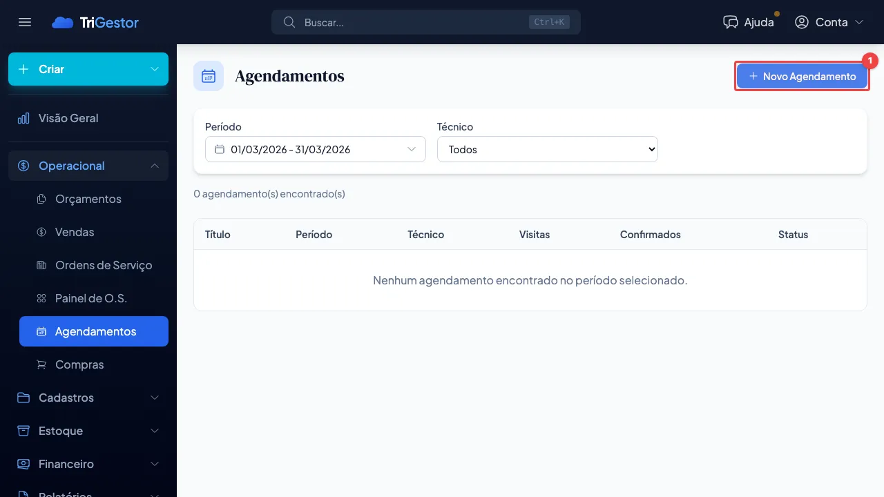 Lista de agendamentos com o botão Novo Agendamento em destaque, acessível via Operacional > Agendamentos