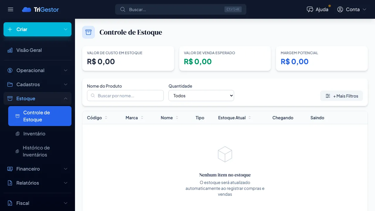 Tela de Controle de Estoque do TriGestor com três cartões de valoração no topo e tabela de produtos abaixo