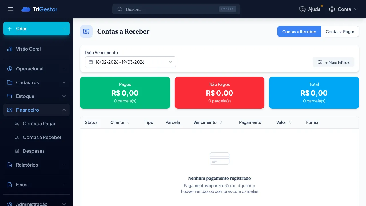 Visão geral da página de pagamentos do TriGestor, mostrando a tabela de contas a receber com cartões de resumo no topo