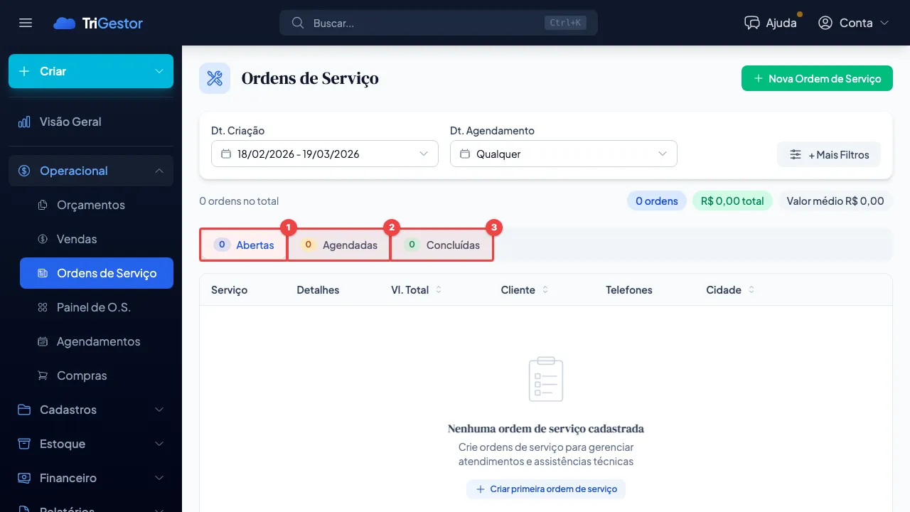 Abas de status das ordens de serviço: Abertas, Agendadas e Concluídas