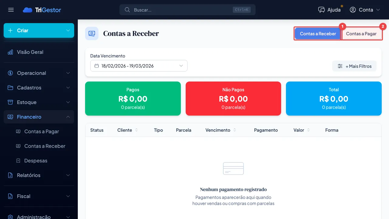 Destaque nas duas abas da página de pagamentos: Contas a Receber e Contas a Pagar