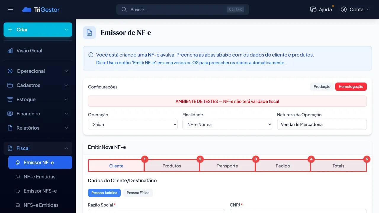 Visão geral do emissor de NF-e do TriGestor, com as abas Cliente, Produtos, Transporte, Pedido e Totais numeradas