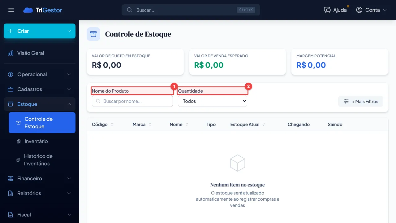 Filtros da tela de estoque destacados: campo Nome do Produto e dropdown de Quantidade com opções Todos, Apenas negativos ou zerados, e Apenas positivo