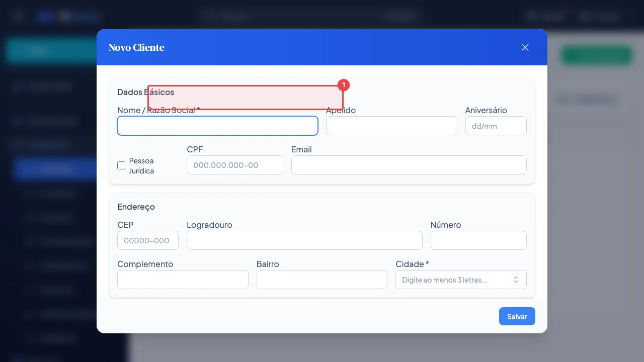 Formulário de novo cliente com o campo Nome destacado