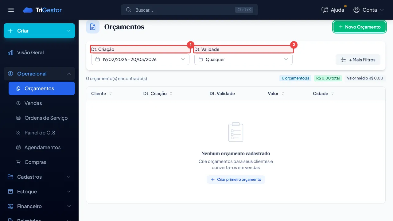Tela de listagem de orçamentos com filtros de Data de Criação e Data de Validade em destaque