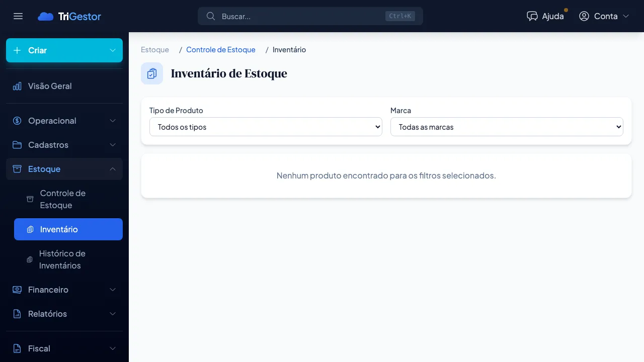 Tela de Inventário do TriGestor com filtros e grade de contagem