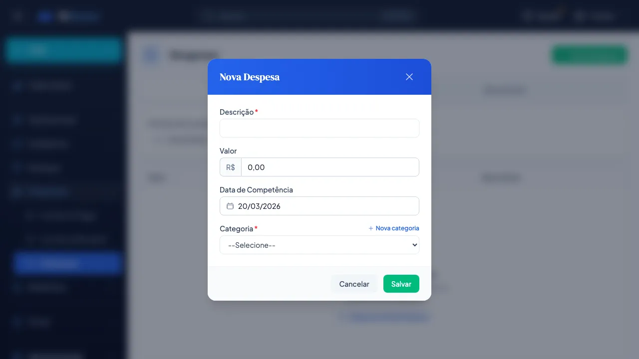 Modal Nova Despesa com campos Descrição, Valor em reais, Data de Competência e Categoria, com opção de criar nova categoria. Botões Cancelar e Salvar na parte inferior