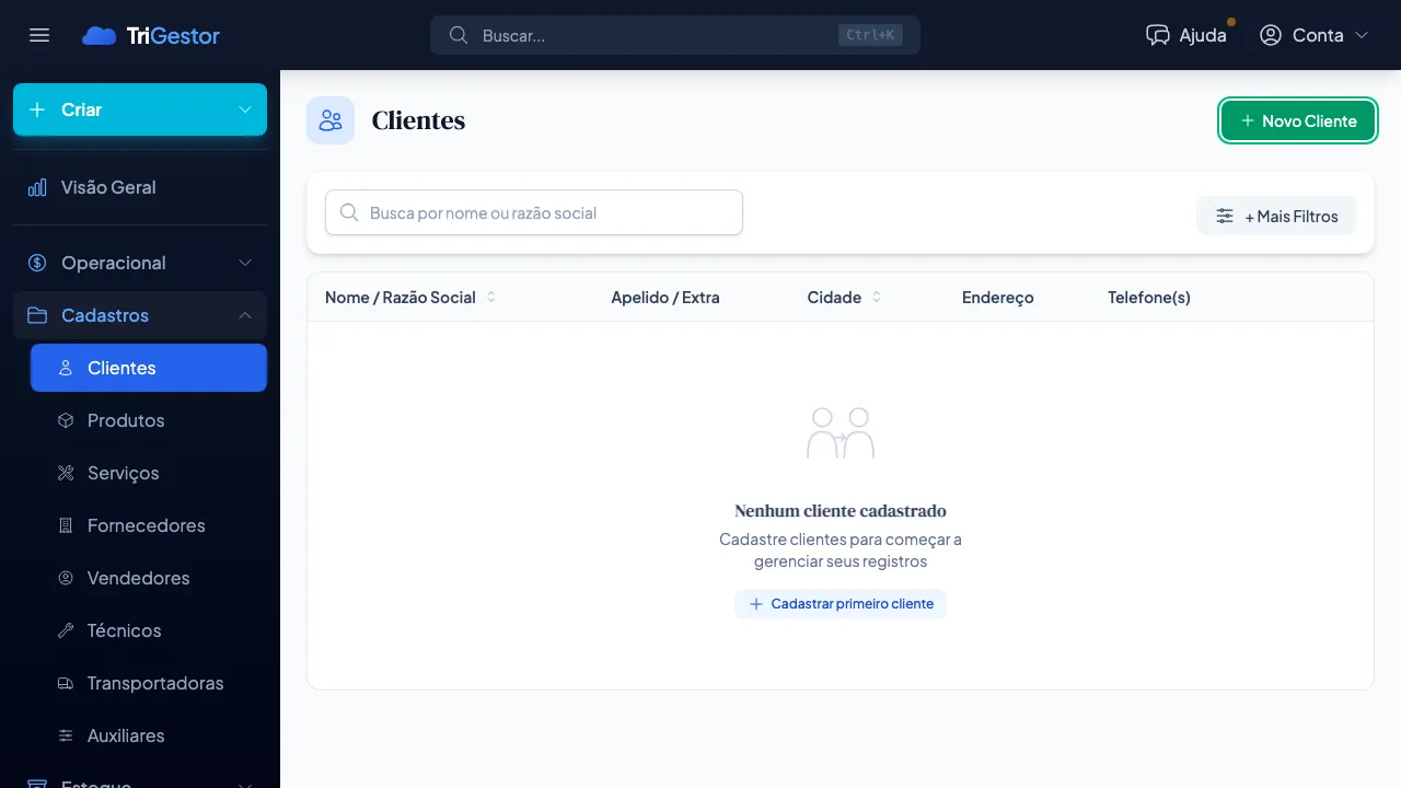 Lista de clientes com a barra de busca exibida no topo da tela