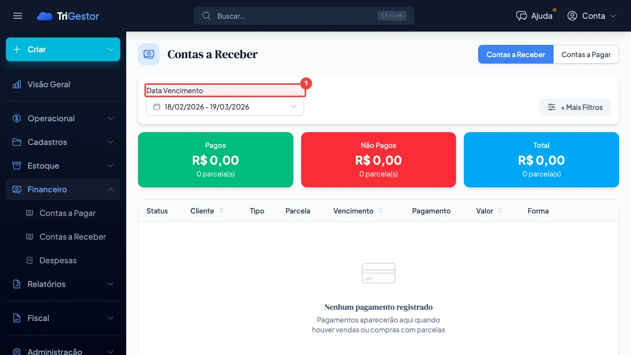 Filtro de Data de Vencimento em destaque na página de contas a receber