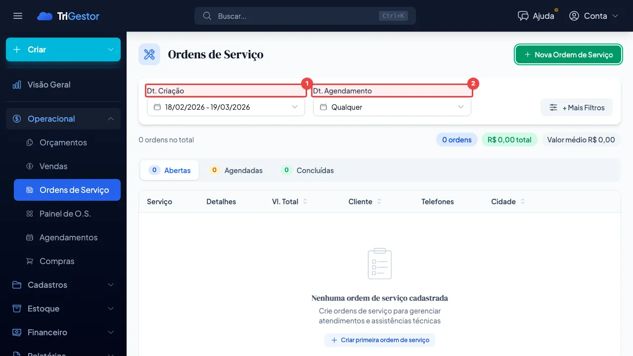 Filtros de data destacados: Data de Criação e Data de Agendamento