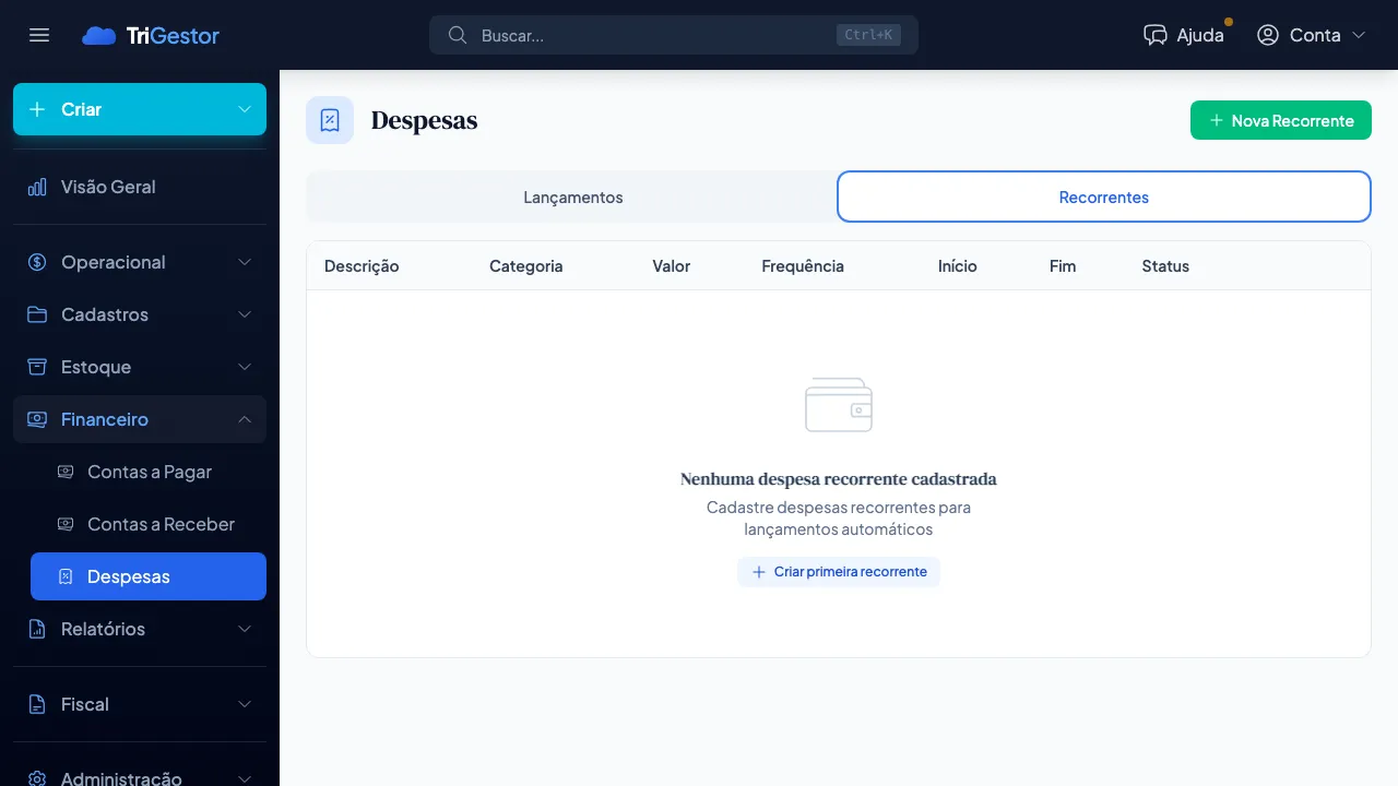 Aba Recorrentes da página de Despesas, exibindo tabela com colunas Descrição, Categoria, Valor, Frequência, Início, Fim e Status