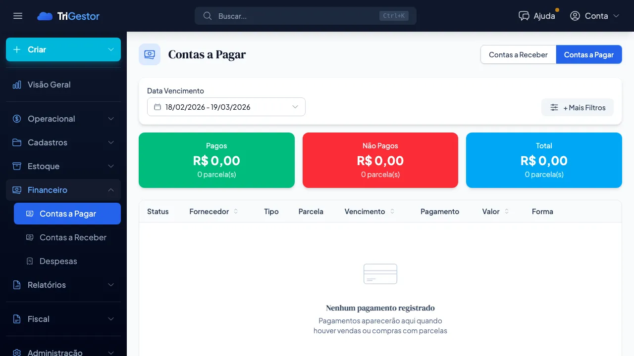 Aba de Contas a Pagar no módulo financeiro do TriGestor