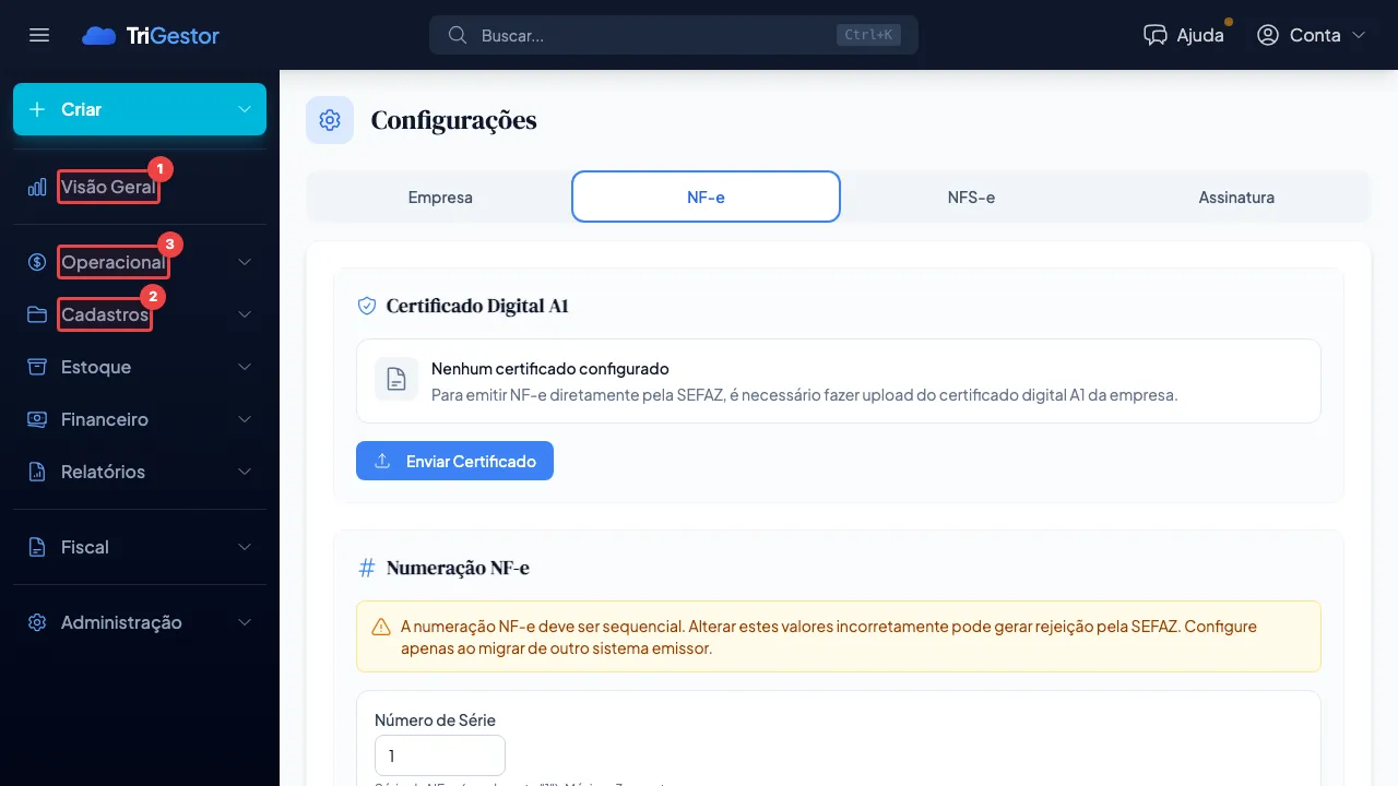 Menu lateral do TriGestor com as seções Visão Geral, Cadastros e Operacional destacadas